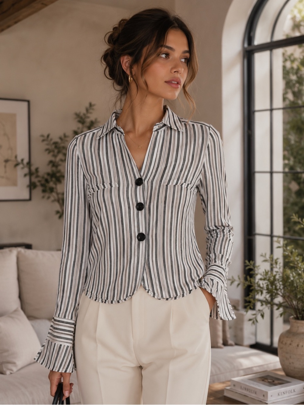 Spenser Jeremy Women's Black & White Striped Cotton
Button Front Elegant Blouse